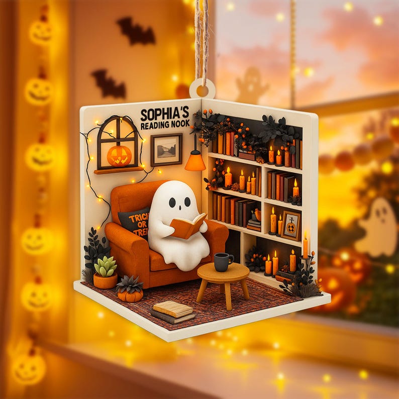 Personalized Ghost Reading Nook 2D Flat Acrylic Ornament, Reading Room Christmas Ornament, Bookworm Gift, Halloween Ghost Window Hangings Book Lovers Gift