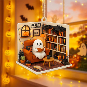 Personalized Ghost Reading Nook 2D Flat Acrylic Ornament, Reading Room Christmas Ornament, Bookworm Gift, Halloween Ghost Window Hangings Book Lovers Gift