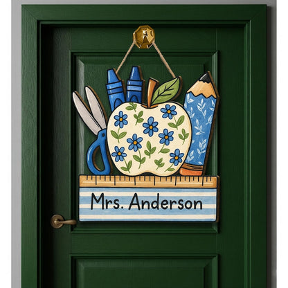 Personalized Teacher Door Sign, Floral Apple Classroom Decor, Back to School Wood Sign, Chinoiserie Teacher Gift, Custom Pencil Ruler Plaque