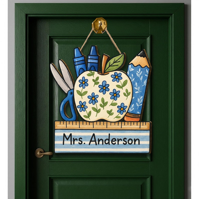 Personalized Teacher Door Sign, Floral Apple Classroom Decor, Back to School Wood Sign, Chinoiserie Teacher Gift, Custom Pencil Ruler Plaque