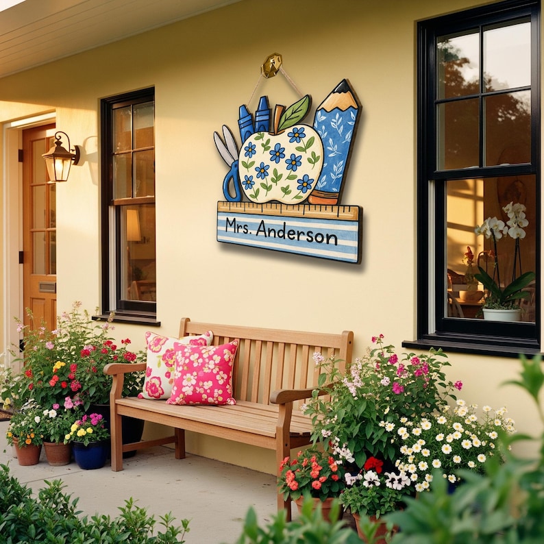 Personalized Teacher Door Sign, Floral Apple Classroom Decor, Back to School Wood Sign, Chinoiserie Teacher Gift, Custom Pencil Ruler Plaque