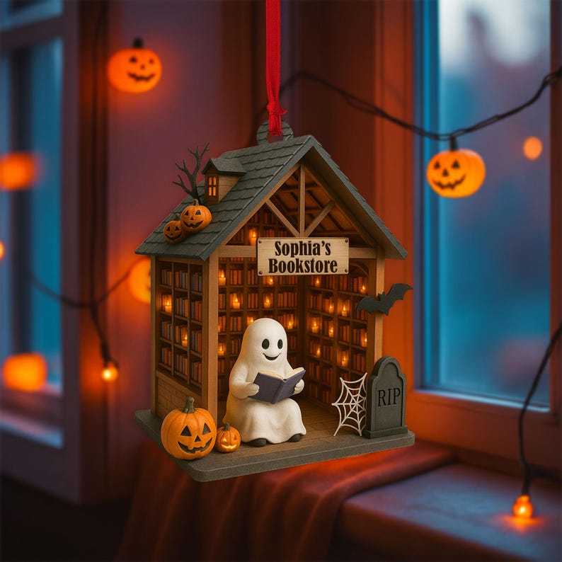 Personalized Ghost Reading Book 2D Flat Acrylic Ornament, Reading Room Halloween Ornament, Bookshelf Gift, Halloween Ghost Window Hangings