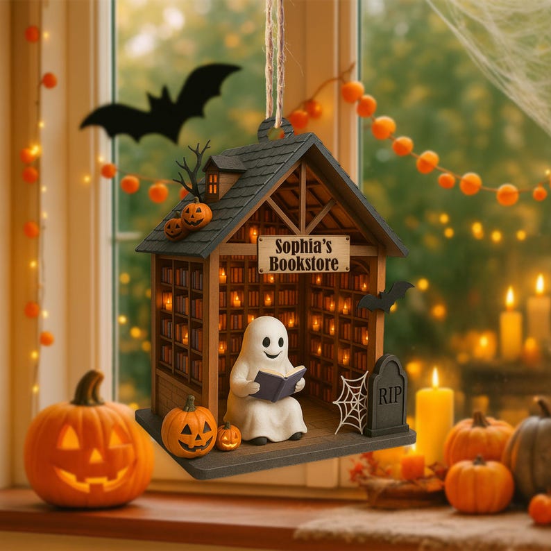 Personalized Ghost Reading Book 2D Flat Acrylic Ornament, Reading Room Halloween Ornament, Bookshelf Gift, Halloween Ghost Window Hangings