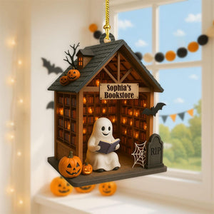 Personalized Ghost Reading Book 2D Flat Acrylic Ornament, Reading Room Halloween Ornament, Bookshelf Gift, Halloween Ghost Window Hangings
