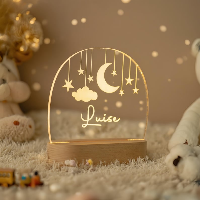 Custom Moon and Star Nightlight,Personalized Clouds Night Light with Name,Nursery Lamp,Baby Bedroom Night Light,Birthday Gifts for Baby
