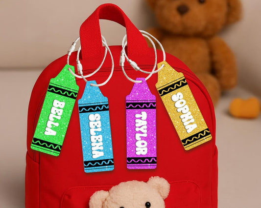 Custom Crayon Name Tag, Backpack Name Tag for Kids, Back To School Gifts, Lunchbox Tag, Custom Kids Name Tag, Keychain Bag Tag, Bag Charms