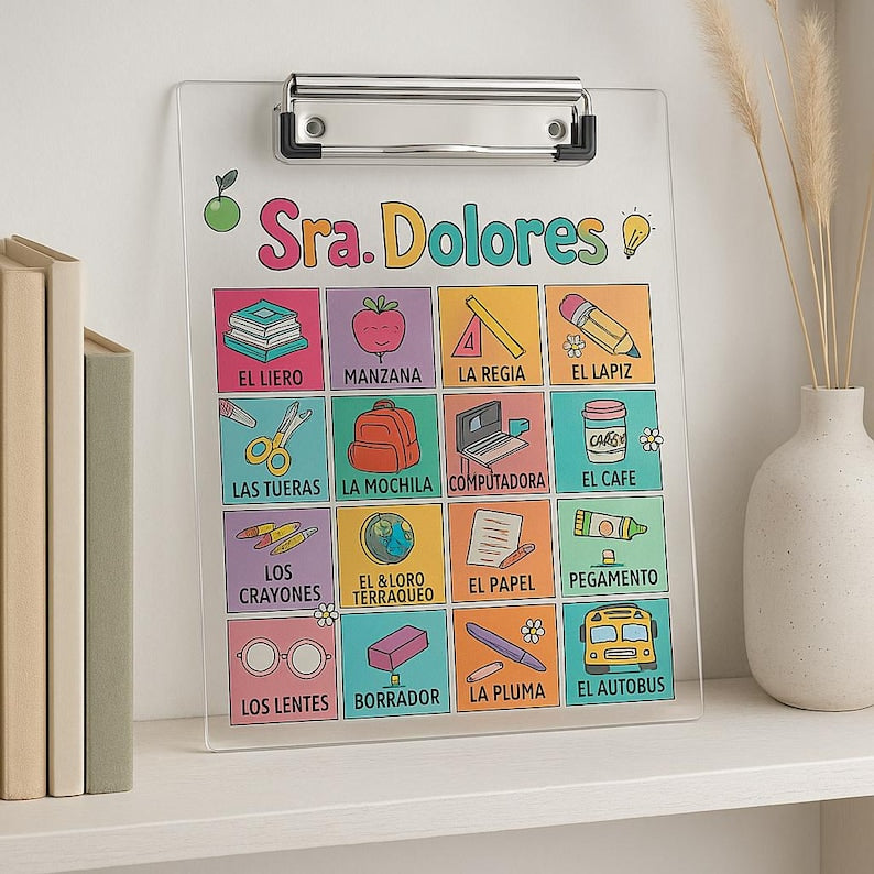 Personalized Spanish Teacher Clipboard Customized Acrylic School Supplies Design Gift for Classroom Educators Back to School or Teacher Desk