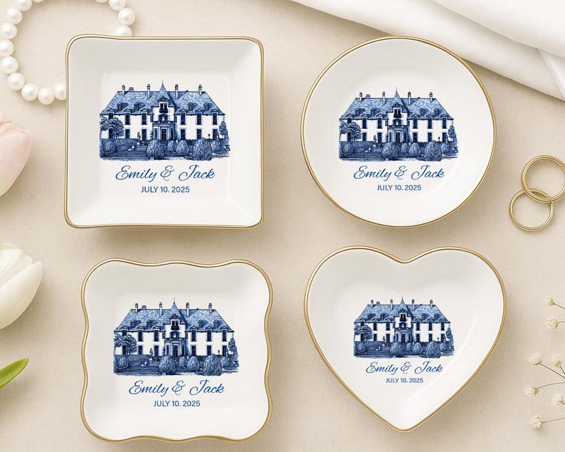 Personalized Wedding Venue Ring Dish, Couple Name & Date,Engagement Gift,Wedding Keepsake,Blue And White Gift,Bridal Shower Gift,Couple Gift