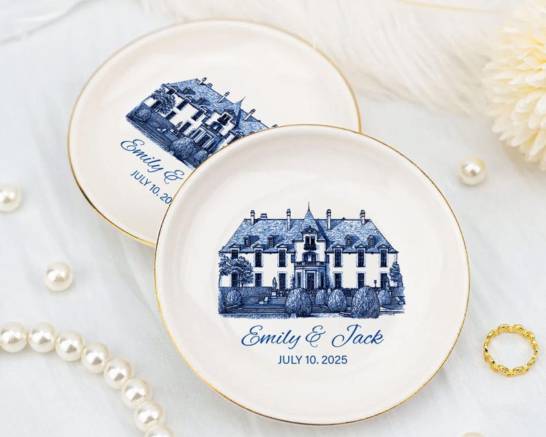 Personalized Wedding Venue Ring Dish, Couple Name & Date,Engagement Gift,Wedding Keepsake,Blue And White Gift,Bridal Shower Gift,Couple Gift