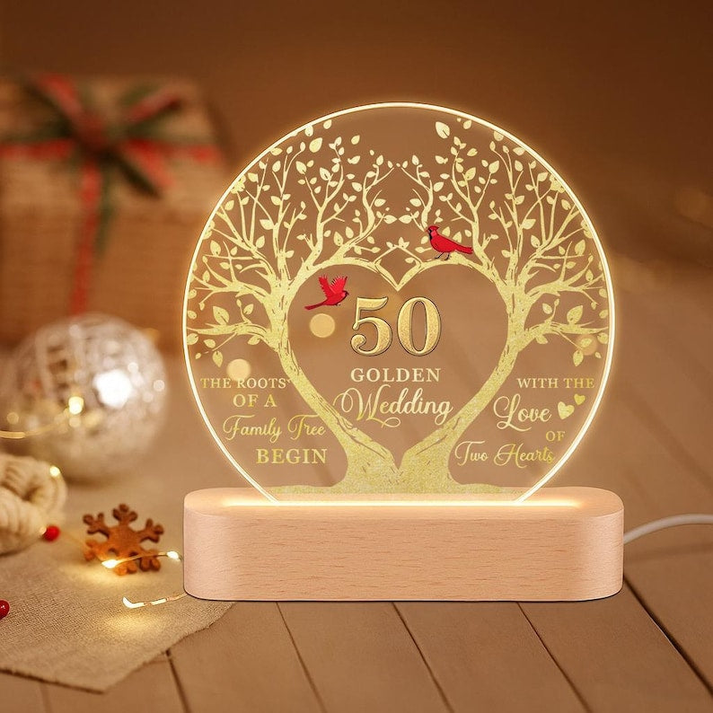 Custom 50th Anniversary Lamp Wooden Base, Golden Wedding Gifts, 50 Year Anniversary Gifts For Parents, 50th Wedding Anniversary Gifts