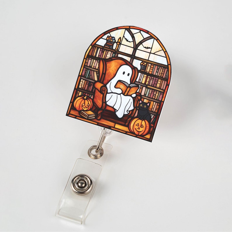 Cozy Ghost Reading Badge Holder, Cute Halloween Library ID Reel With Pumpkins And Cat, Perfect Gift For Coworkers And Book Lovers