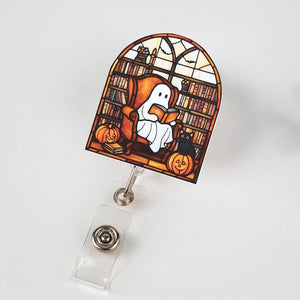 Cozy Ghost Reading Badge Holder, Cute Halloween Library ID Reel With Pumpkins And Cat, Perfect Gift For Coworkers And Book Lovers