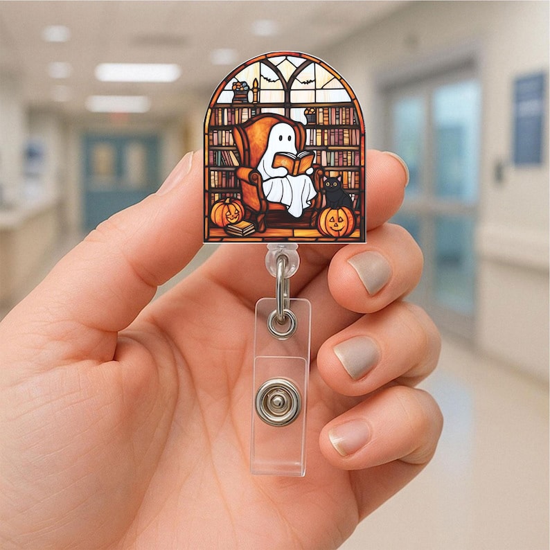 Cozy Ghost Reading Badge Holder, Cute Halloween Library ID Reel With Pumpkins And Cat, Perfect Gift For Coworkers And Book Lovers