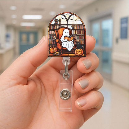Cozy Ghost Reading Badge Holder, Cute Halloween Library ID Reel With Pumpkins And Cat, Perfect Gift For Coworkers And Book Lovers