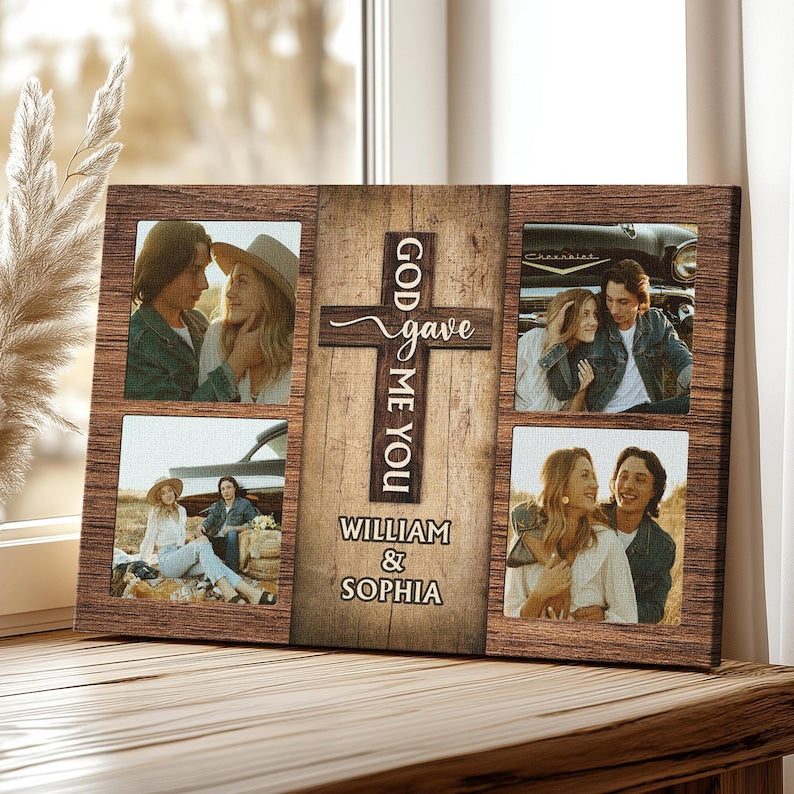 Custom Couple Canvas Collage with Cross Design, Personalized Photo Gift for Wedding Anniversary, Christian Couple Gift