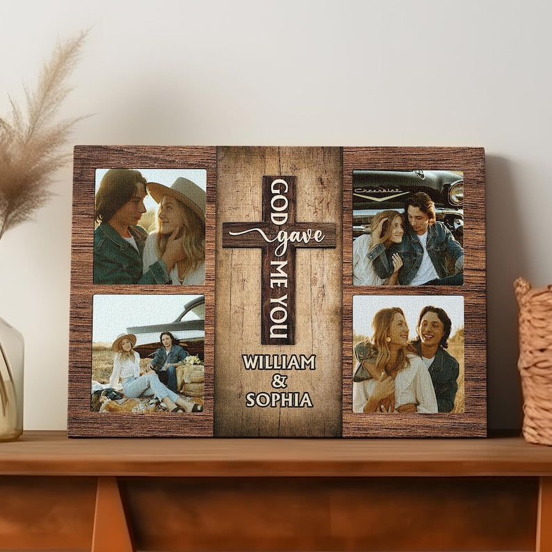 Custom Couple Canvas Collage with Cross Design, Personalized Photo Gift for Wedding Anniversary, Christian Couple Gift