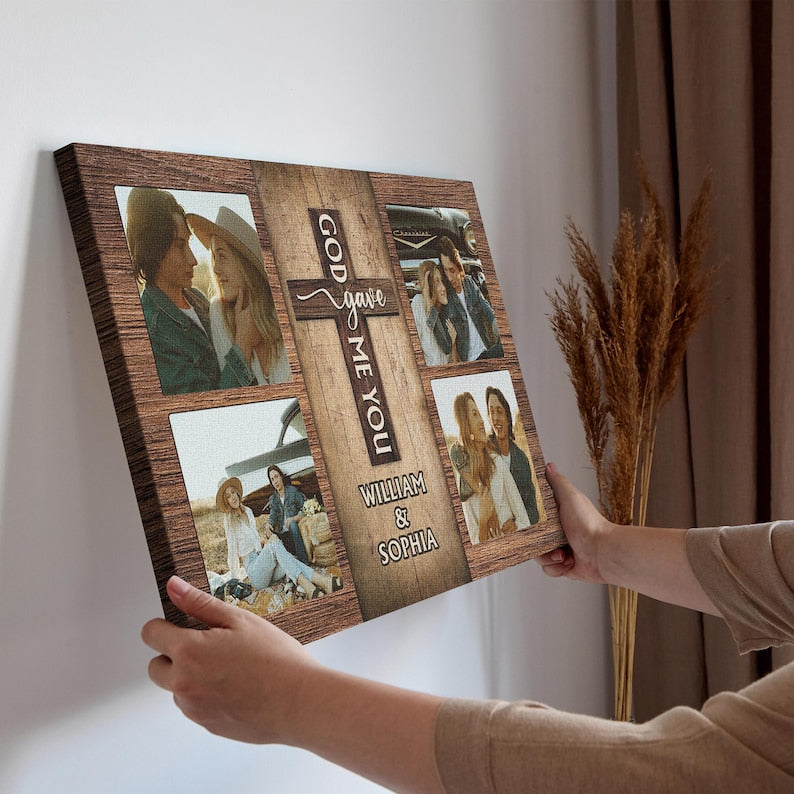 Custom Couple Canvas Collage with Cross Design, Personalized Photo Gift for Wedding Anniversary, Christian Couple Gift