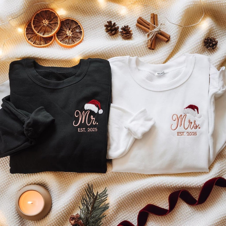 EMBROIDERED Personalised Mr Mrs Matching Christmas Couple Sweatshirt, Hubby Wifey Shirts, Newly Married Christmas Shirt, Honeymoon Shirts