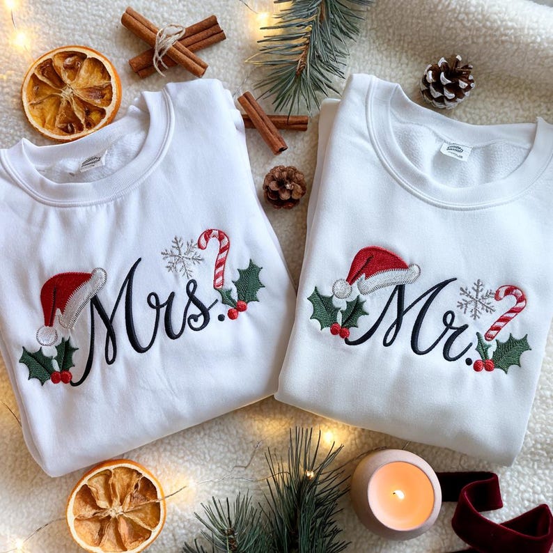 EMBROIDERED Christmas Mr & Mrs Sweatshirt, Winter Wedding Shirt, Christmas Husband Wife Shirt, Matching Family Shirt, Christmas Couple Shirt