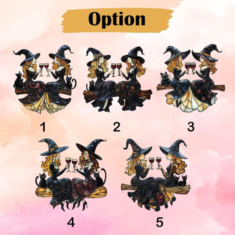 Best Friends Slay Witch Acrylic Window Hanging Faux Stained Glass Suncatcher With Wine Glasses & Cats, Halloween Witchy Decor