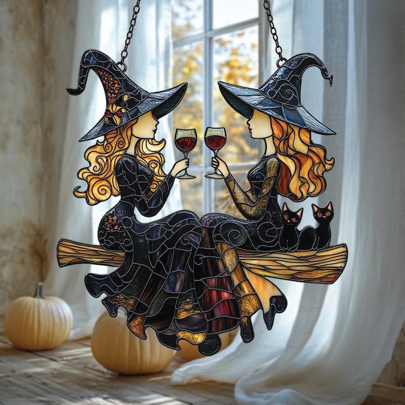 Best Friends Slay Witch Acrylic Window Hanging Faux Acrylic Suncatcher With Wine Acrylices & Cats, Halloween Witchy Decor