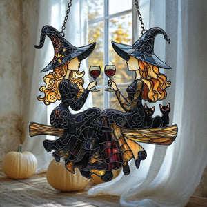Best Friends Slay Witch Acrylic Window Hanging Faux Stained Glass Suncatcher With Wine Glasses & Cats, Halloween Witchy Decor