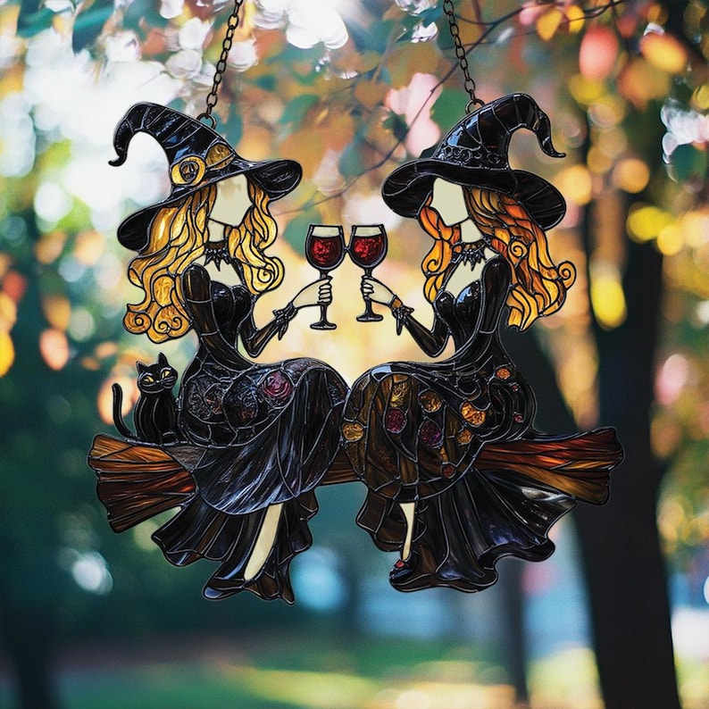 Best Friends Slay Witch Acrylic Window Hanging Faux Stained Glass Suncatcher With Wine Glasses & Cats, Halloween Witchy Decor