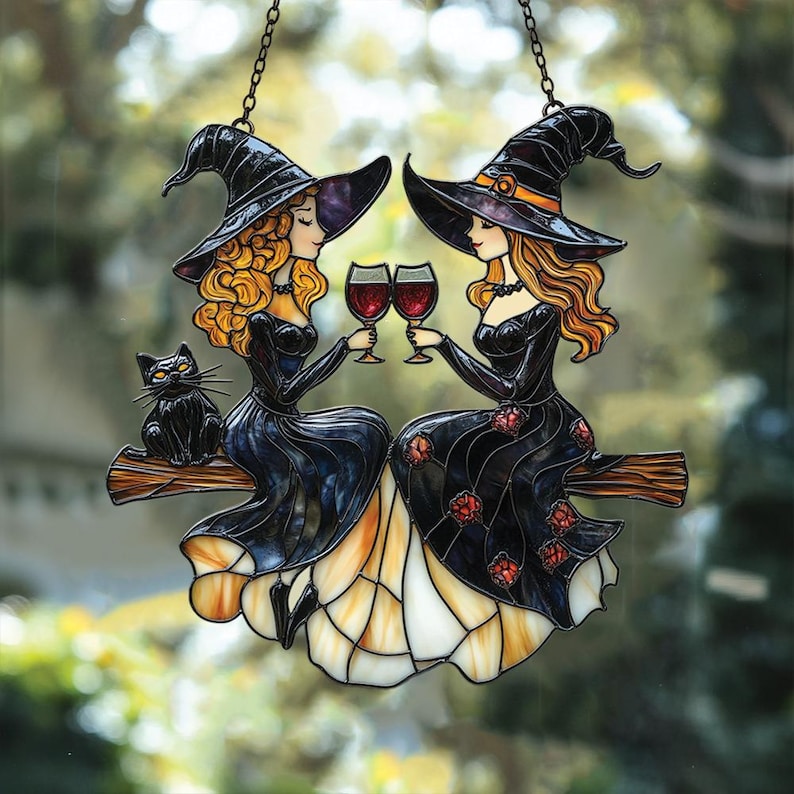 Best Friends Slay Witch Acrylic Window Hanging Faux Stained Glass Suncatcher With Wine Glasses & Cats, Halloween Witchy Decor