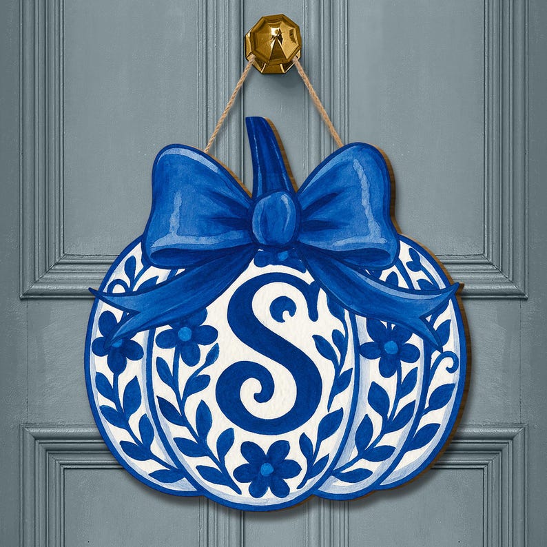 Chinoiserie Pumpkin Door Hanger Personalized Blue Fall Monogram Sign Elegant Front Porch Autumn Decor gift fall sign