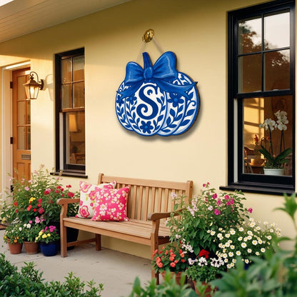 Chinoiserie Pumpkin Door Hanger Personalized Blue Fall Monogram Sign Elegant Front Porch Autumn Decor gift fall sign