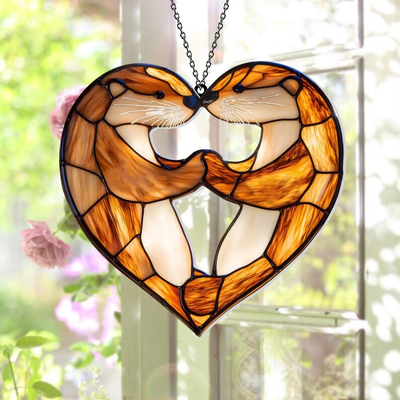 Personalized Otter Couple Acrylic Window Hanging, Faux Stained Glass Decor, Perfect Anniversary or Wedding Gift for Wife or Couple