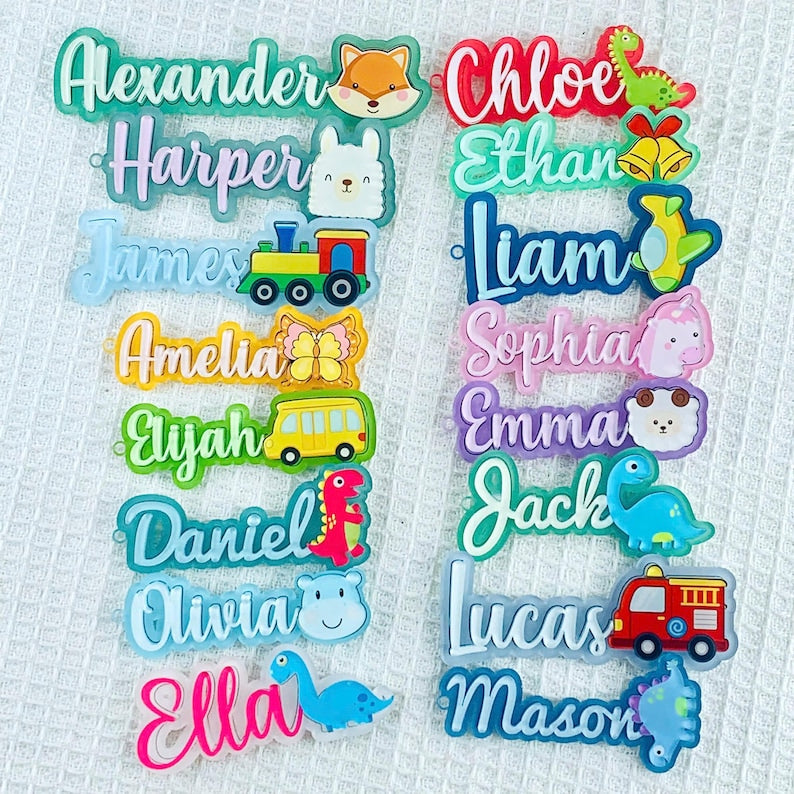 Back to School Name Tag Personalized Acrylic Bag Tag for Kids, Custom Backpack Keychain with Vehicle or Dinosaur Icon,Gift for Boys Girls