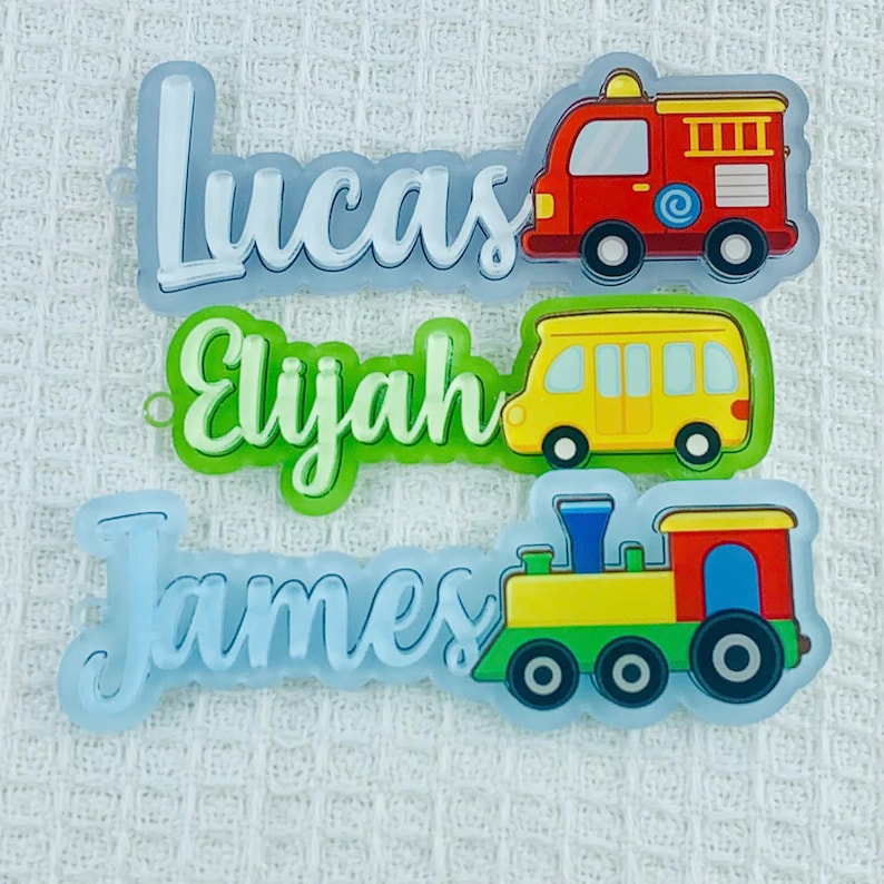 Back to School Name Tag Personalized Acrylic Bag Tag for Kids, Custom Backpack Keychain with Vehicle or Dinosaur Icon,Gift for Boys Girls