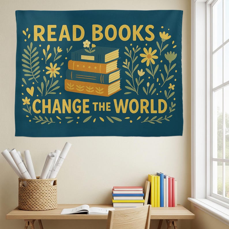 Read Books Change the World Tapestry Book Lover Wall Hanging Inspirational Library Decor for Classroom, Dorm, or Office