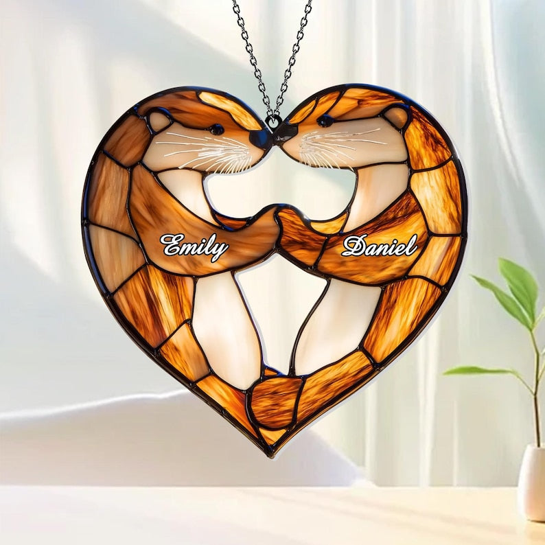 Personalized Otter Couple Acrylic Window Hanging, Faux Stained Glass Decor, Perfect Anniversary or Wedding Gift for Wife or Couple