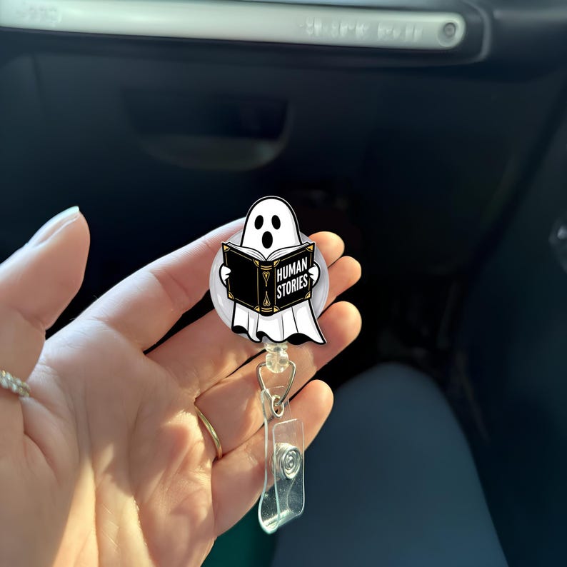 Ghost Reading Badge Reel Human Stories Book Clip Funny Halloween ID Holder Spooky Cute Nurse Gift Librarian Badge Accessory