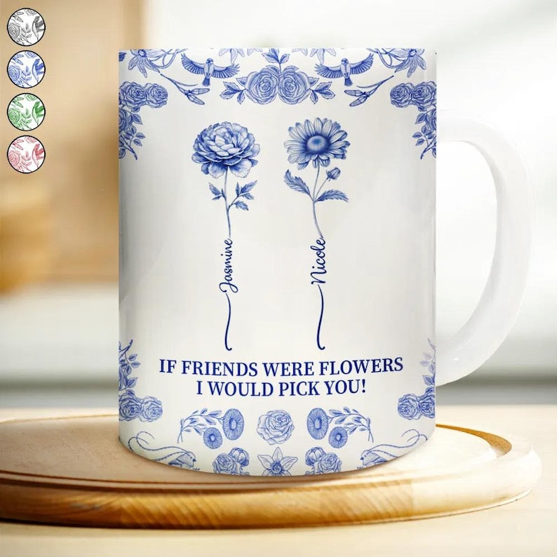 Toile De Jouy Birth Flower Grow An Old Friend - Personalized White Edge-to-Edge Mug, Gift For Best Friends, Besties, Friend Mug