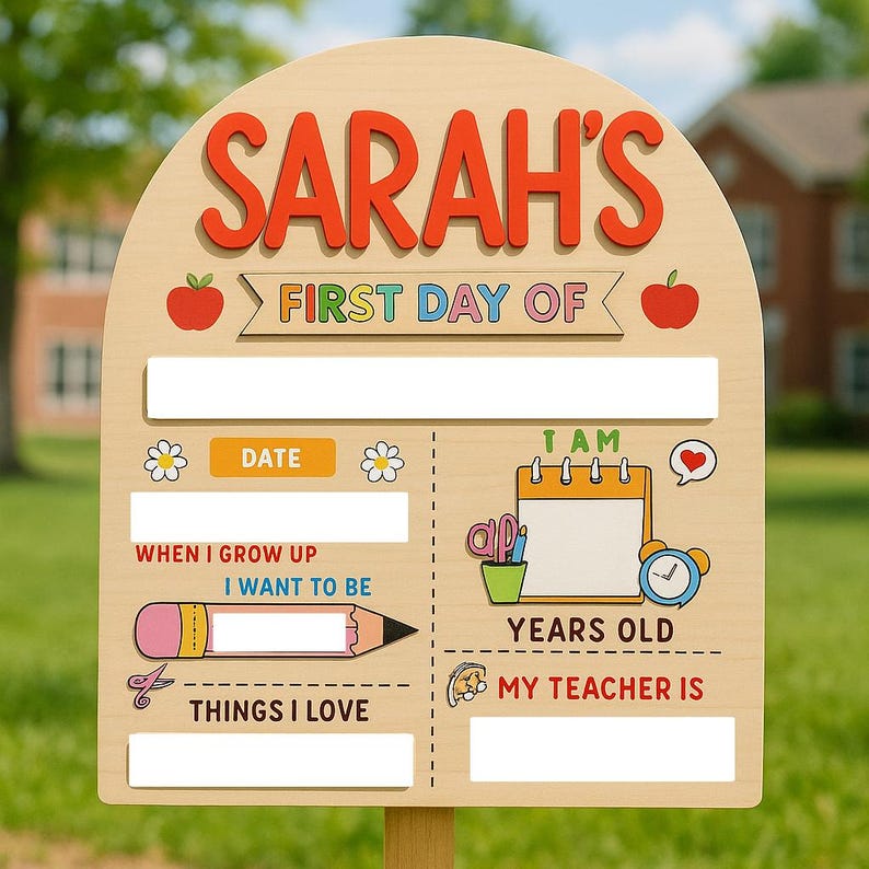 Personalized Wooden First Day of School Sign Custom Reusable Photo Prop with Name, Age,Teacher, Date & More Back to School Board for Kid