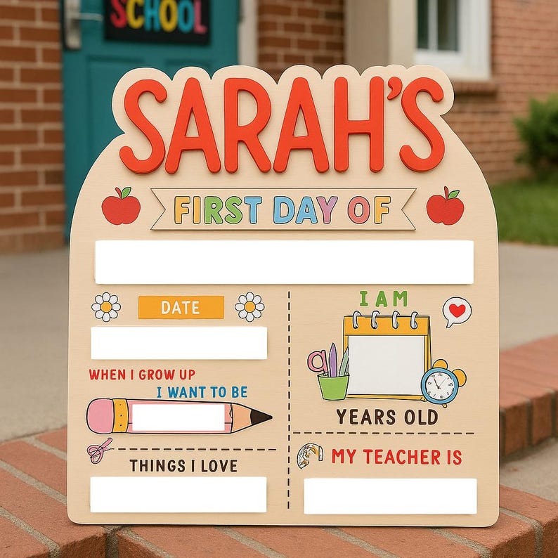 Personalized Wooden First Day of School Sign Custom Reusable Photo Prop with Name, Age,Teacher, Date & More Back to School Board for Kid
