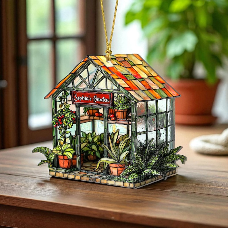 Personalized Greenhouse Faux Acrylic Suncatcher, Plant Ornament, Gift for Plantaholic, Plant Lovers Gift
