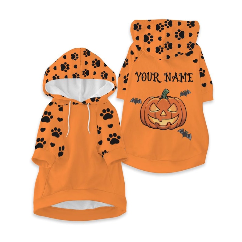 Personalized Halloween Dog Shirt or Hoodie With Pet Name, Cute Fall Designs with Ghosts & Pumpkins, Halloween Pet Costume with Paw Print