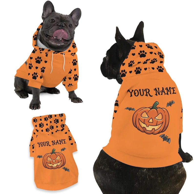 Personalized Halloween Dog Shirt or Hoodie With Pet Name, Cute Fall Designs with Ghosts & Pumpkins, Halloween Pet Costume with Paw Print