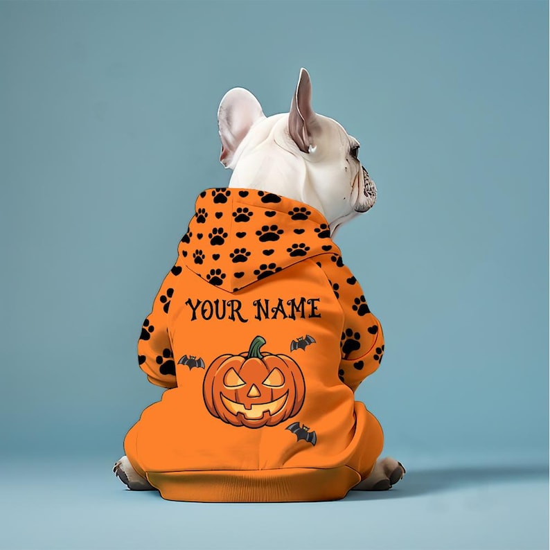 Personalized Halloween Dog Shirt or Hoodie With Pet Name, Cute Fall Designs with Ghosts & Pumpkins, Halloween Pet Costume with Paw Print