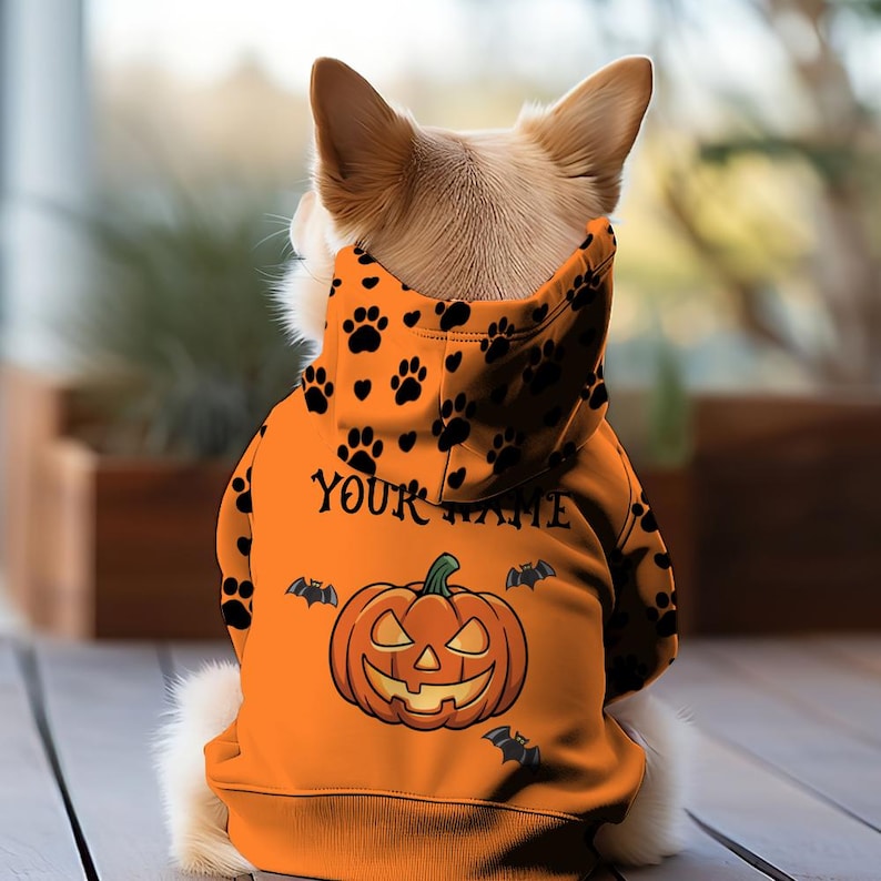 Personalized Halloween Dog Shirt or Hoodie With Pet Name, Cute Fall Designs with Ghosts & Pumpkins, Halloween Pet Costume with Paw Print