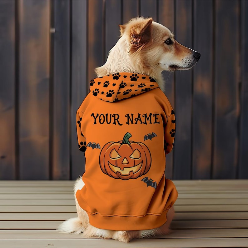 Personalized Halloween Dog Shirt or Hoodie With Pet Name, Cute Fall Designs with Ghosts & Pumpkins, Halloween Pet Costume with Paw Print