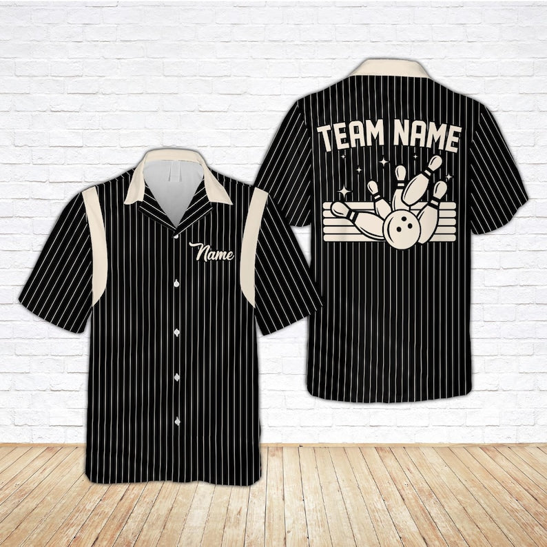 Retro Stripe Bowling Hawaiian Shirt, Custom Name Bowler Button Shirt, Matching Bowling Squad Shirt, Personalized Bowling Team Gift