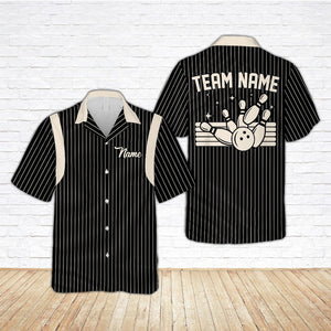 Retro Stripe Bowling Hawaiian Shirt, Custom Name Bowler Button Shirt, Matching Bowling Squad Shirt, Personalized Bowling Team Gift