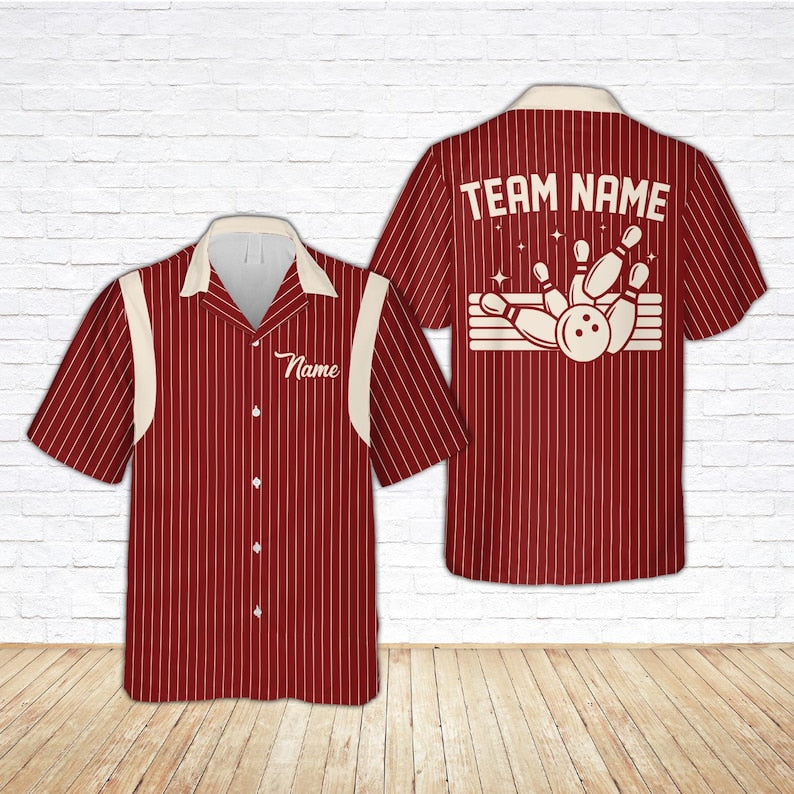 Retro Stripe Bowling Hawaiian Shirt, Custom Name Bowler Button Shirt, Matching Bowling Squad Shirt, Personalized Bowling Team Gift