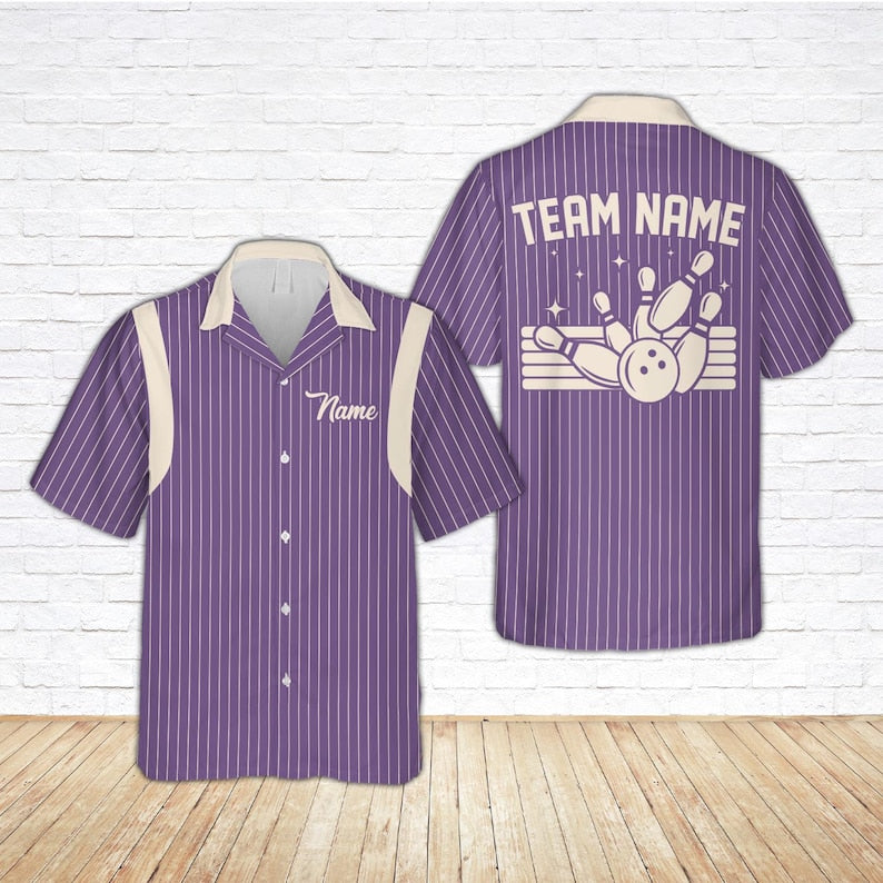 Retro Stripe Bowling Hawaiian Shirt, Custom Name Bowler Button Shirt, Matching Bowling Squad Shirt, Personalized Bowling Team Gift