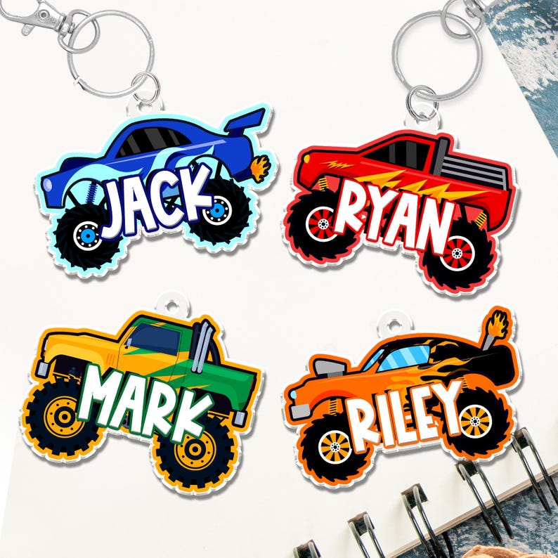 Monster Truck Backpack Name Tag, Custom Backpack Tag for Boys, Monster Truck Name Keychain, Boy Bag Tag, Kids Backpack Tag, Back To School